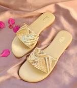 Beige embroidered leather flats