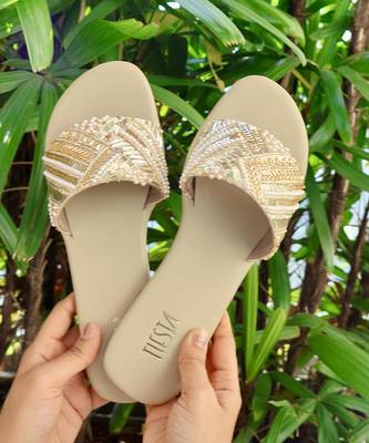 Beige embroidered leather flats 2