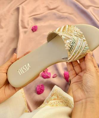 Beige embroidered leather flats 4