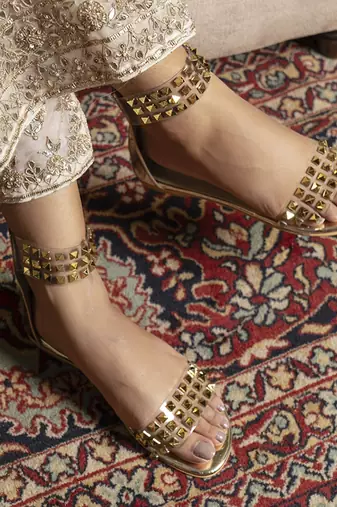 Gold embroidered leather flats