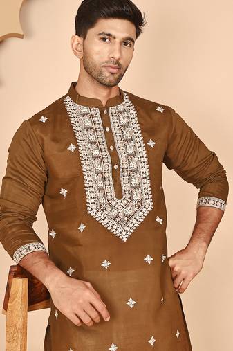 Embroidered silk blend kurta pyjama set for men