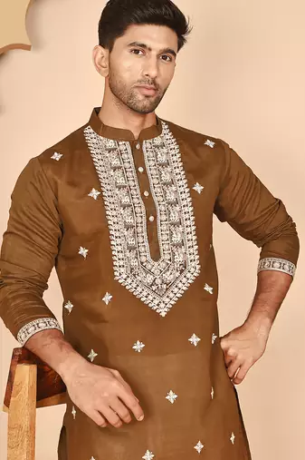 Embroidered silk blend kurta pyjama set for men