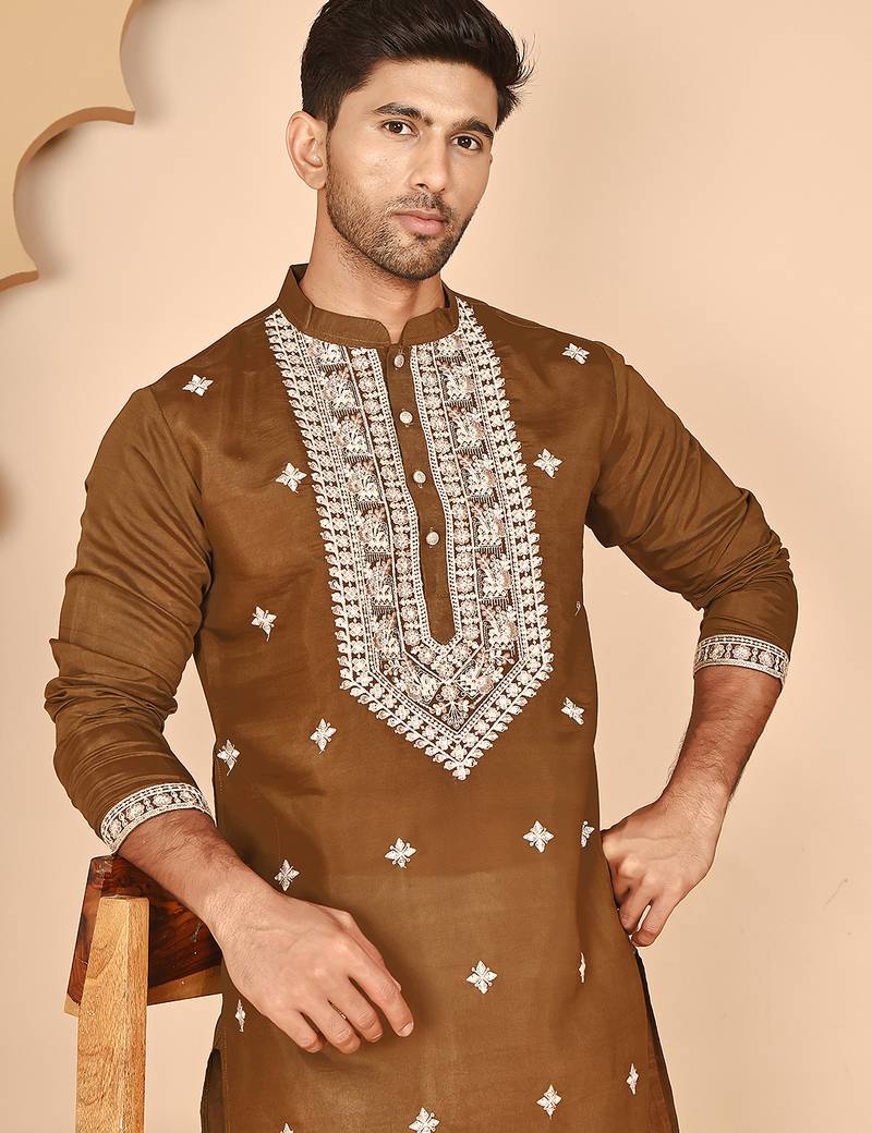 Embroidered silk blend kurta pyjama set for men