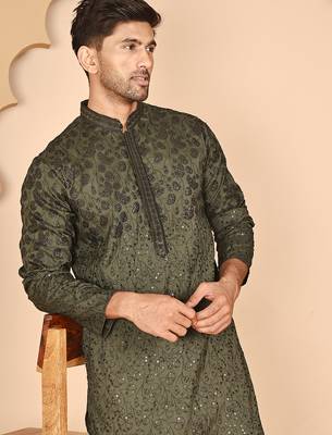 Men's olive embroidered kurta pyjama set 1