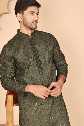 Men's olive embroidered kurta pyjama set