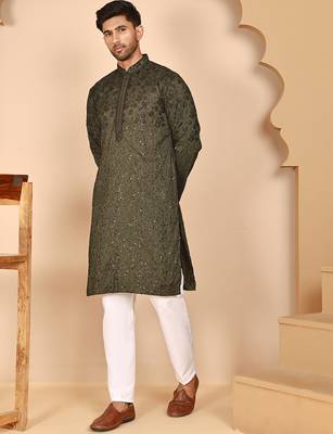 Men's olive embroidered kurta pyjama set 2