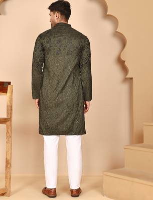 Men's olive embroidered kurta pyjama set 3