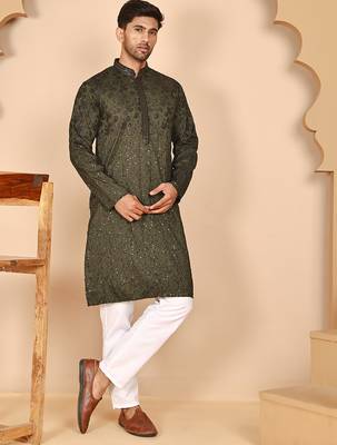 Men's olive embroidered kurta pyjama set 4