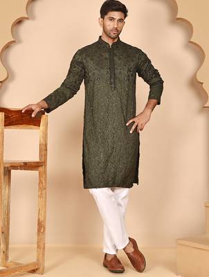 Men's olive embroidered kurta pyjama set 5