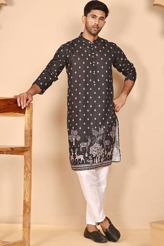 Men's ethnic printed kurta with white pyjama
