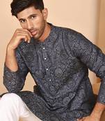 Grey jacquard silk kurta pyjama set for men