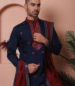 Embroidered silk blend kurta with white dupatta