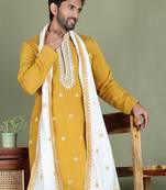 Embroidered silk blend kurta with white dupatta