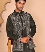 Embroidered jacket with classic olive kurta set