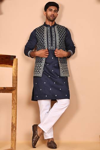 Classic magenta kurta pyjama with embroidered waistcoat