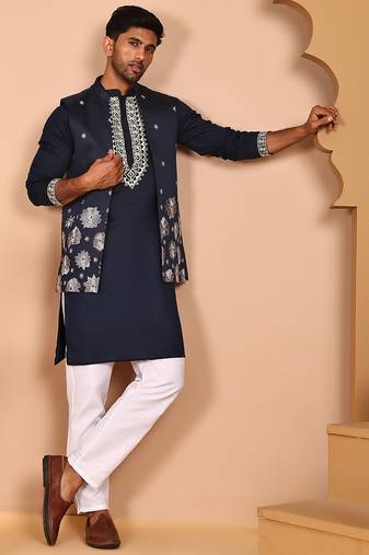 Navy blue kurta set with floral embroidered waistcoat