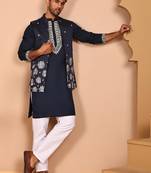 Navy blue kurta set with floral embroidered waistcoat