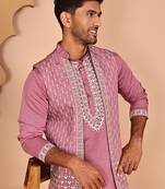 Classic magenta kurta pyjama with embroidered waistcoat