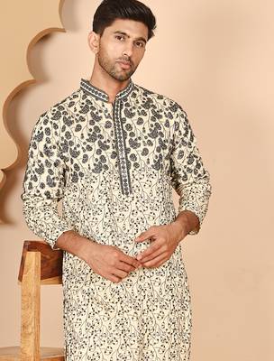 Men's cream embroidered kurta pyjama set 1