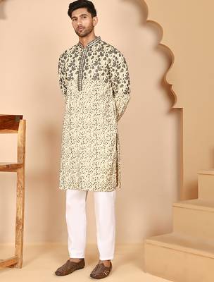Men's cream embroidered kurta pyjama set 2