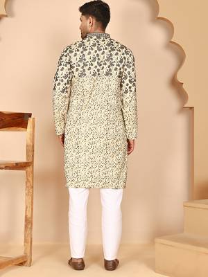 Men's cream embroidered kurta pyjama set 3