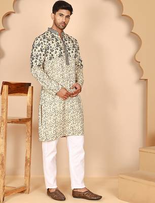 Men's cream embroidered kurta pyjama set 4
