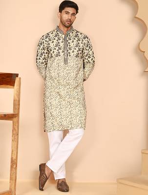 Men's cream embroidered kurta pyjama set 5