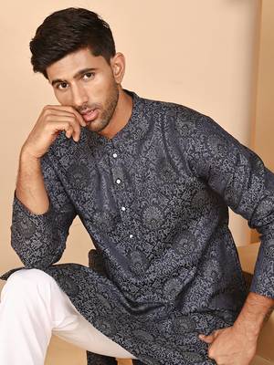 Grey jacquard silk kurtas for men 1