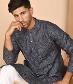 Grey jacquard silk kurtas for men