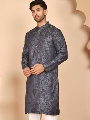 Grey jacquard silk kurtas for men 2