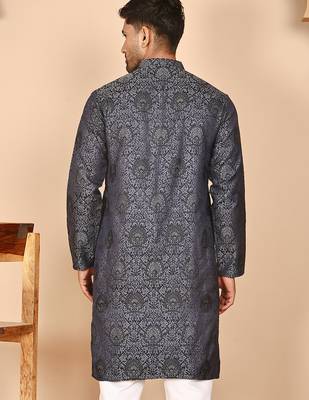 Grey jacquard silk kurtas for men 3