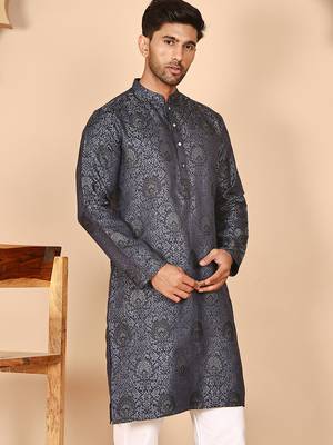 Grey jacquard silk kurtas for men 4