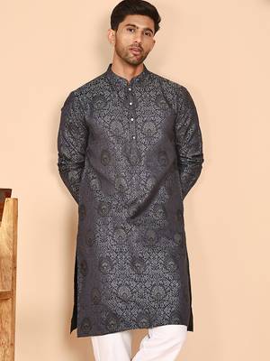 Grey jacquard silk kurtas for men 5