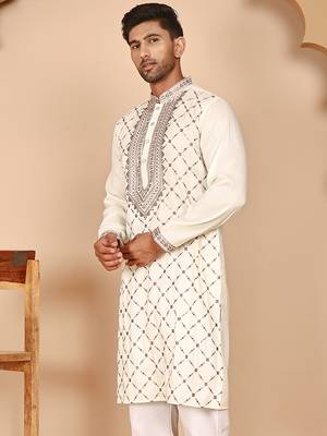 Classic white embroidered kurtas for men 2