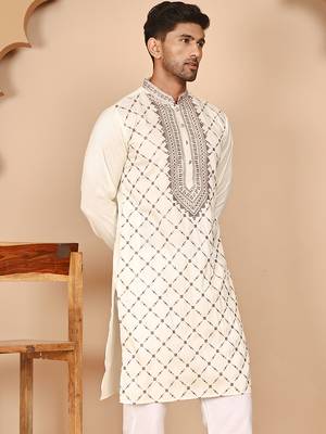 Classic white embroidered kurtas for men 4