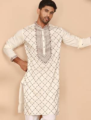 Classic white embroidered kurtas for men 5