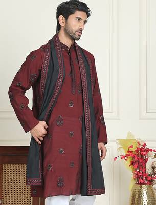 Embroidered silk blend kurta with contrast dupatta 1