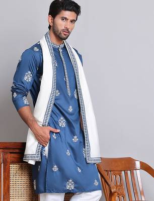 Embroidered silk blend kurta with contrast dupatta 1