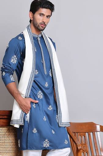 Embroidered silk blend kurta with contrast dupatta