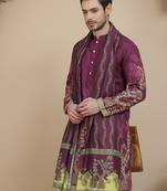 Floral printed purple cotton blend kurtas with dupatta