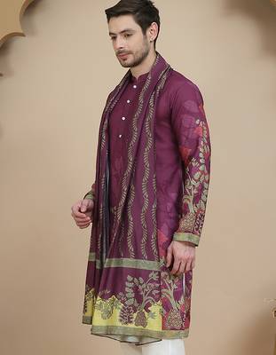 Floral printed purple cotton blend kurtas with dupatta 2