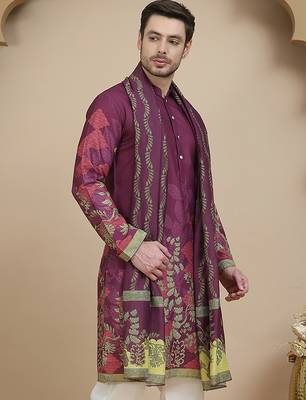 Floral printed purple cotton blend kurtas with dupatta 4