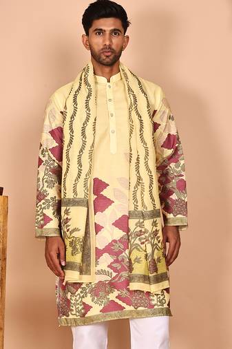 Floral printed yellow cotton blend kurtas with dupatta