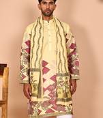 Floral printed yellow cotton blend kurtas with dupatta