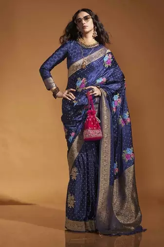 Navy blue satin multi courted weaving work saree