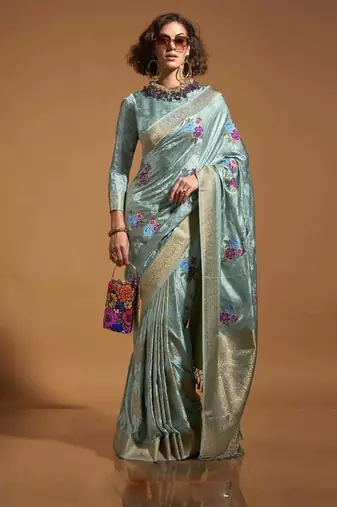 Sky blue satin multi courted weaving work saree
