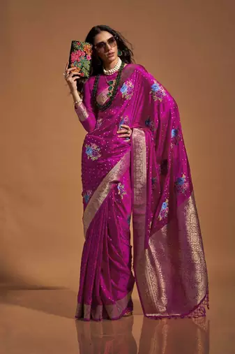 Rani pink satin multi courted weaving work saree