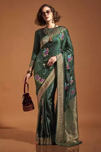 Dark green satin multi courted weaving work saree
