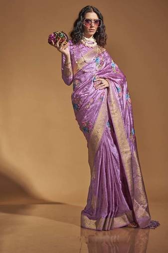 Baby pink satin multi courted weaving work saree