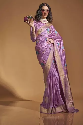 Baby pink satin multi courted weaving work saree
